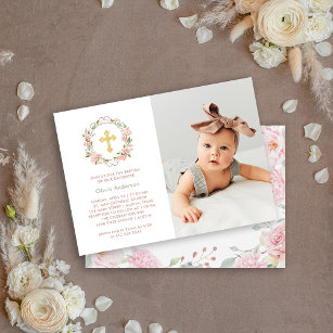 Pretty Pink Roses and Gold Cross   Photo Baptism Invitation
