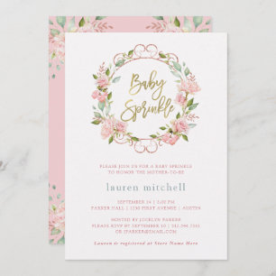 Pretty Pink Roses and Gold Script   Baby Sprinkle Invitation