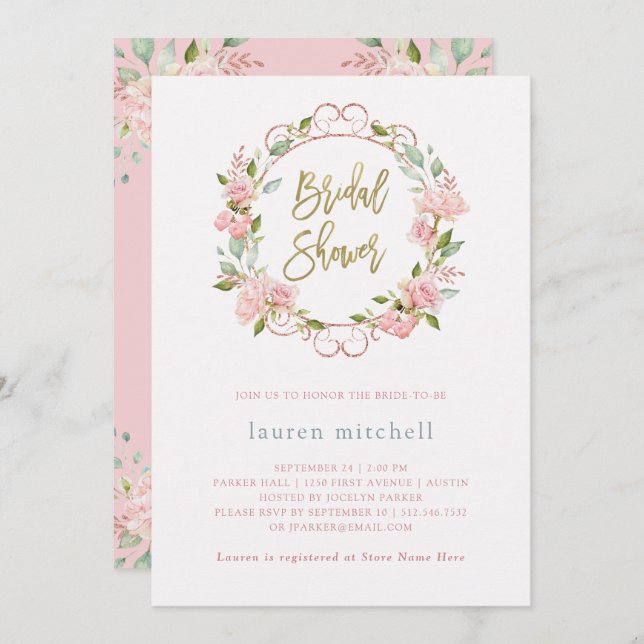 Pretty Pink Roses and Gold Script | Bridal Shower Invitation (Front/Back)