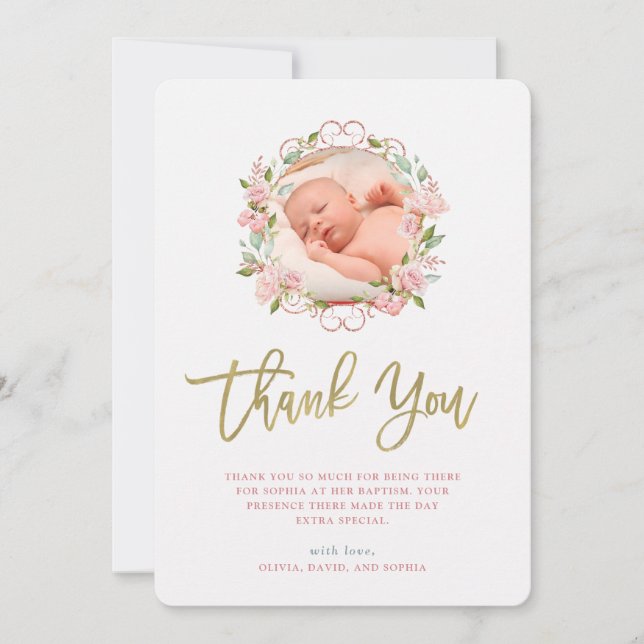 Pretty Pink Roses and Gold Script | Photo Baptism Thank You Card (Front)