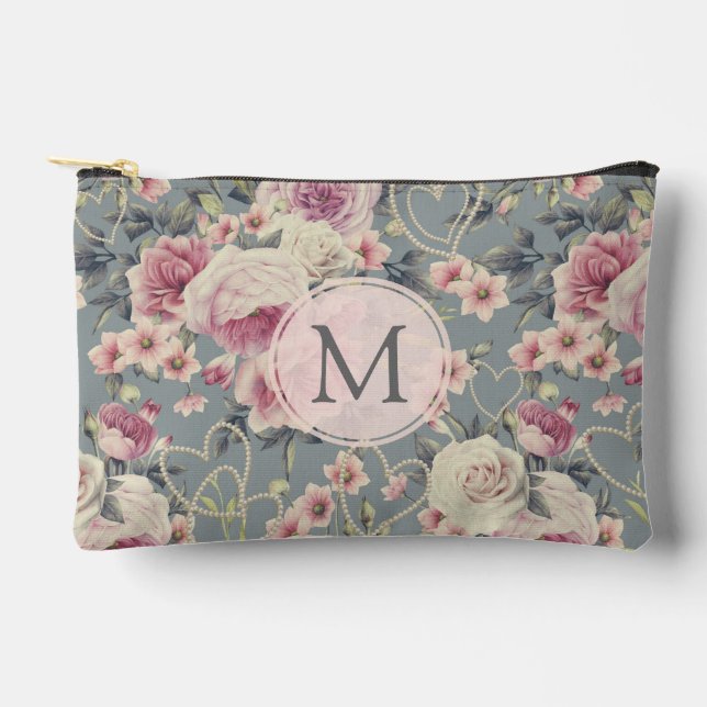Pretty Pink Roses and Pearl Hearts Monogram Accessory Pouch (Front)