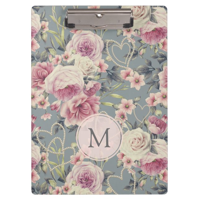 Pretty Pink Roses and Pearl Hearts Monogram Clipboard (Front)