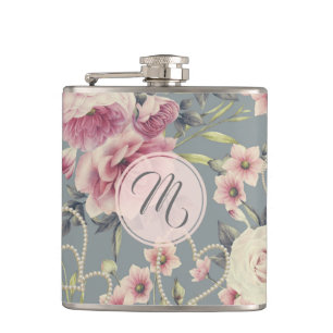 Pretty Pink Roses and Pearl Hearts Monogram Hip Flask