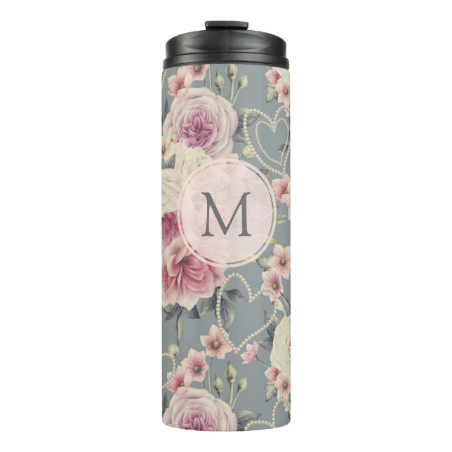 Pretty Pink Roses and Pearl Hearts Monogram Thermal Tumbler (Front)