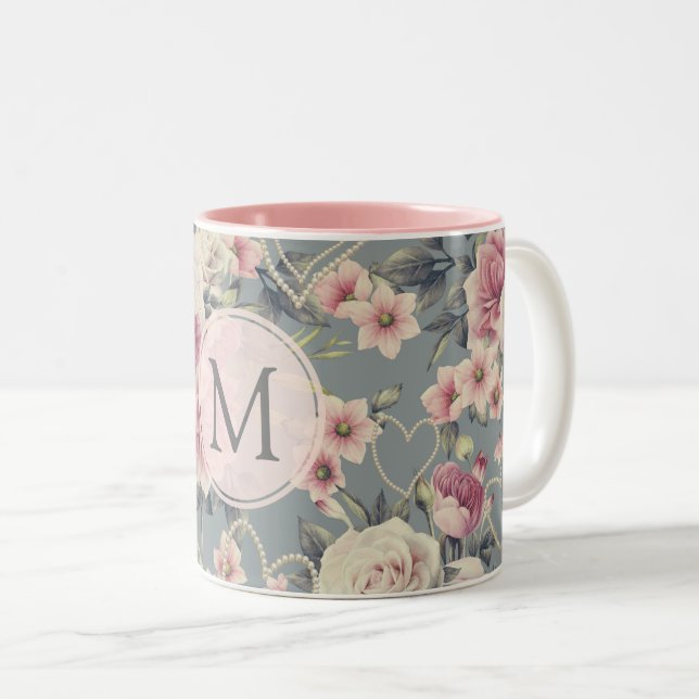 Pretty Pink Roses and Pearl Hearts Monogram Two-Tone Coffee Mug (Front Right)