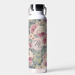 Pretty Pink Roses and Pearl Hearts Monogram Water Bottle