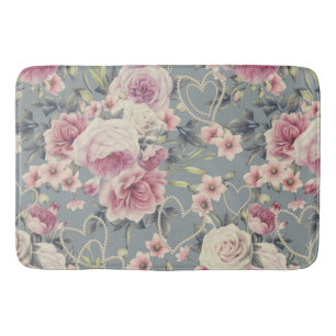 Pretty Pink Roses and Pearl Hearts Pattern Grey Bath Mat