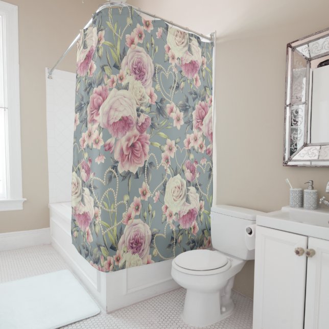 Pretty Pink Roses and Pearl Hearts Pattern Shower Curtain (In Situ)
