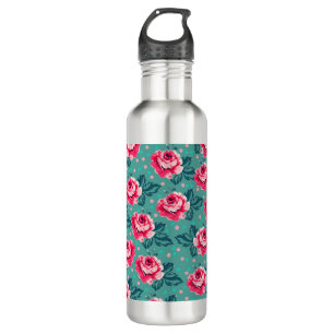 Pretty Pink Roses and Polka Dot Pattern on Teal 710 Ml Water Bottle