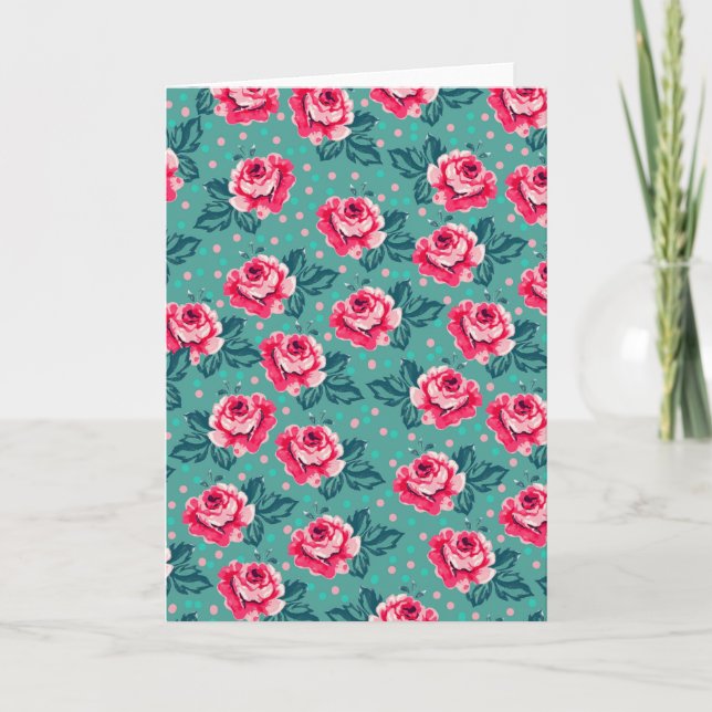 Pretty Pink Roses and Polka Dot Pattern on Teal Card (Front)