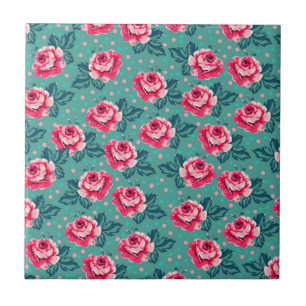Pretty Pink Roses and Polka Dot Pattern on Teal Ceramic Tile
