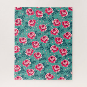 Pretty Pink Roses and Polka Dot Pattern on Teal Jigsaw Puzzle