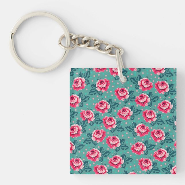 Pretty Pink Roses and Polka Dot Pattern on Teal Key Ring (Front)
