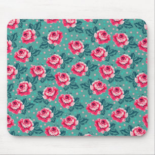 Pretty Pink Roses and Polka Dot Pattern on Teal Mouse Pad