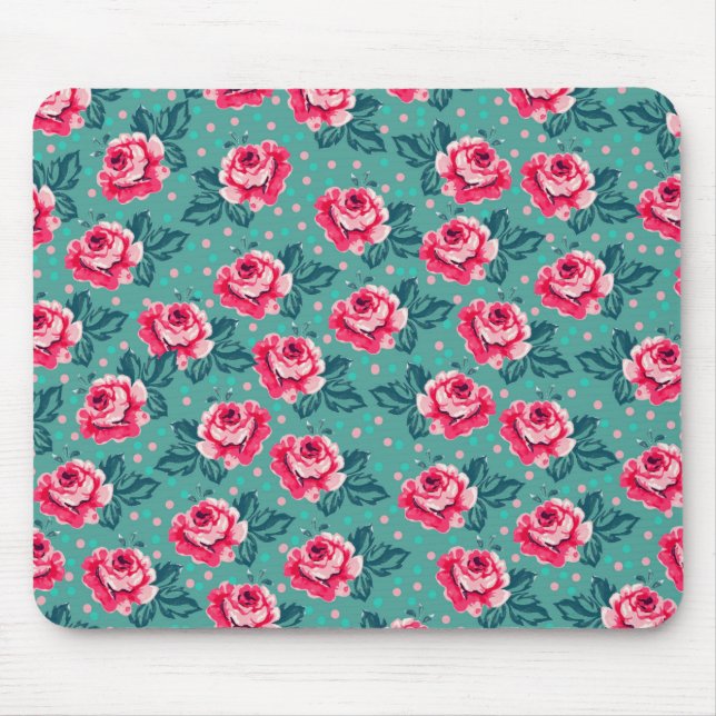 Pretty Pink Roses and Polka Dot Pattern on Teal Mouse Pad (Front)