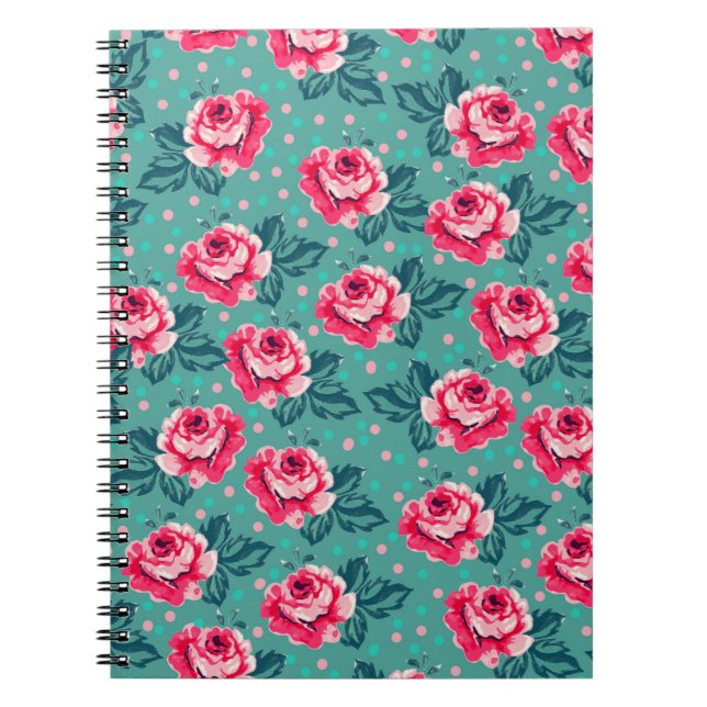 Pretty Pink Roses and Polka Dot Pattern on Teal Notebook (Front)