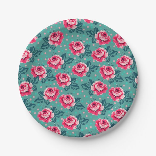 Pretty Pink Roses and Polka Dot Pattern on Teal Paper Plate (Front)