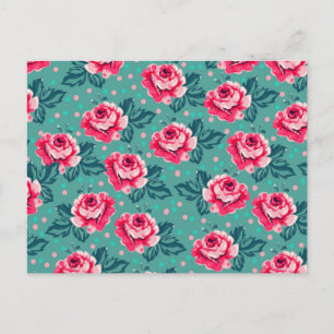 Pretty Pink Roses and Polka Dot Pattern on Teal Postcard