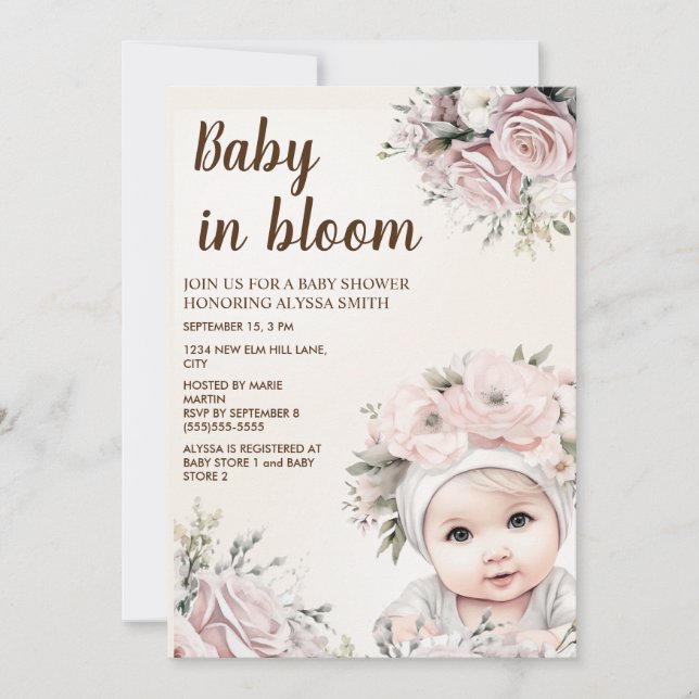 Pretty Pink Roses Baby in Bloom Girl Baby Shower Invitation (Front)