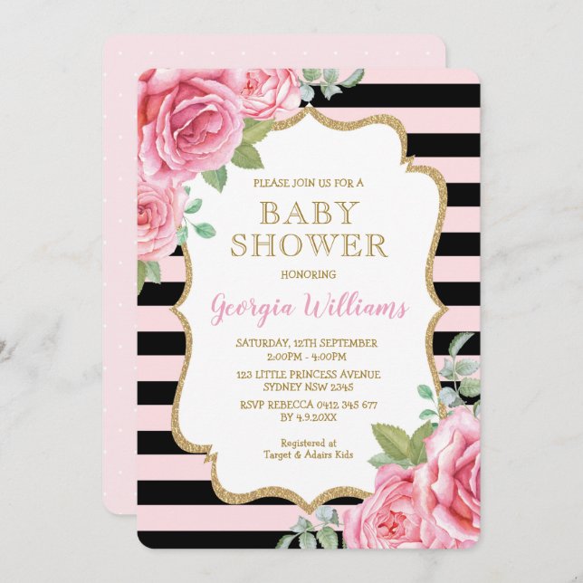 Pretty Pink Roses Baby Shower Paris Stripes Invitation (Front/Back)