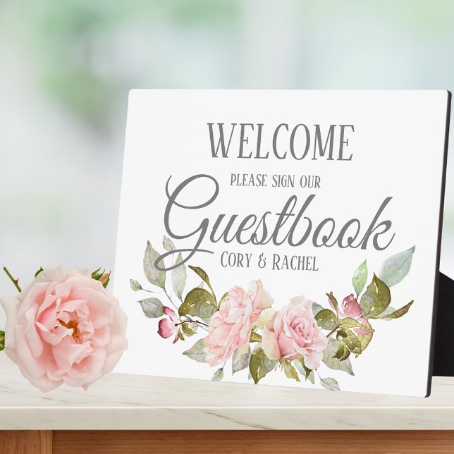 Pretty Pink Roses Bouquet Guestbook Tabletop Plaque (Creator Uploaded)