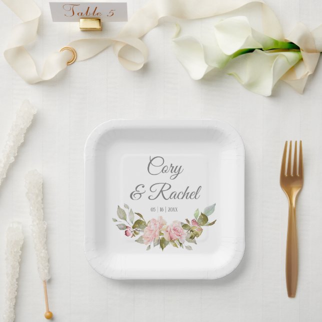 Pretty Pink Roses Bouquet  Wedding Paper Plate (Wedding)