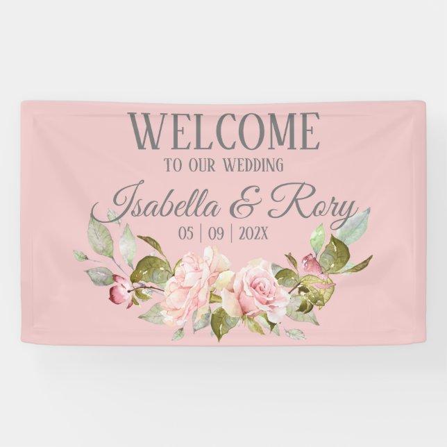 Pretty Pink Roses Bouquet Wedding Welcome Banner (Horizontal)