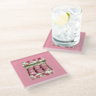 Pretty Pink Roses Box of Macarons Glass Coaster