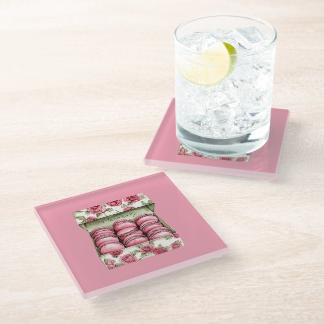 Pretty Pink Roses Box of Macarons Glass Coaster (Angled)