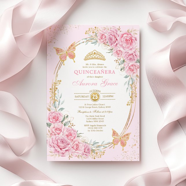 Pretty Pink Roses Butterflies Quinceañera Invitation (Creator Uploaded)
