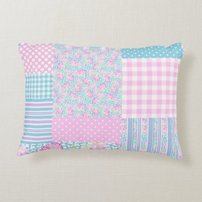 Pretty Pink Roses Faux Patchwork Accent Pillow (Back)