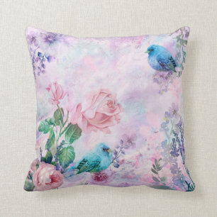 Pretty Pink Roses Floral Birds on Lavender Pastel Cushion