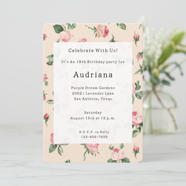 Pretty Pink Roses Floral Birthday Invitation (Standing Front)