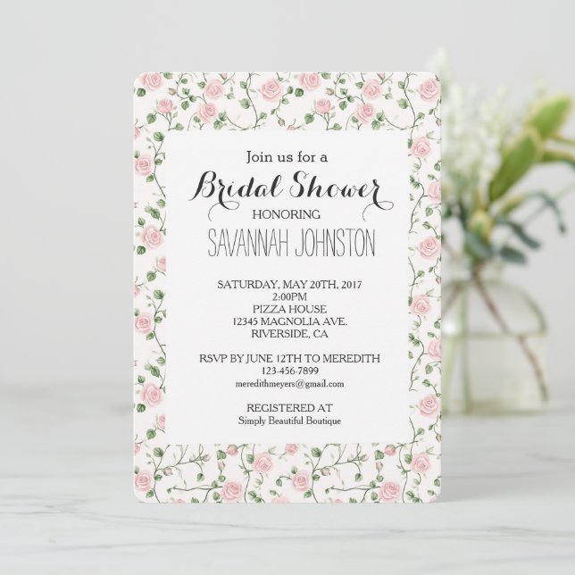 Pretty Pink Roses Floral Bridal Shower Invitation (Standing Front)