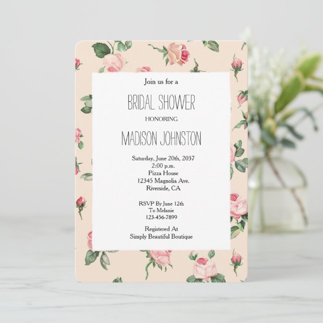 Pretty Pink Roses Floral Bridal Shower Invitation (Standing Front)