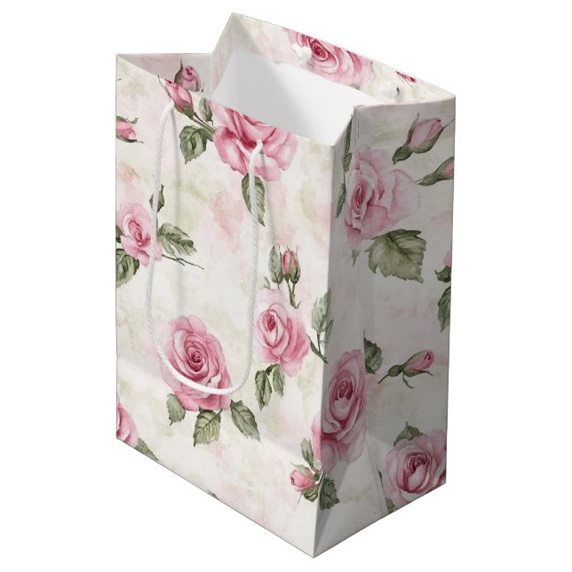 Pretty Pink Roses Floral Bridal Shower Medium Gift Bag (Front Angled)