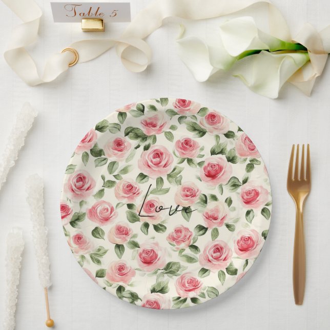 Pretty Pink Roses Floral Bridal Shower Paper Plate (Wedding)