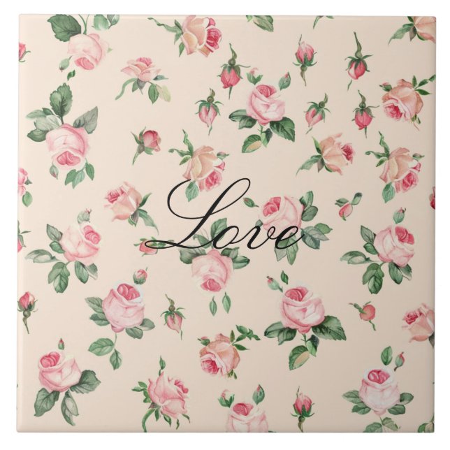 Pretty Pink Roses Floral Ceramic Tile (Front)