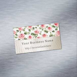 Pretty Pink Roses Floral Cream Faux Leather Magnetic Business Card