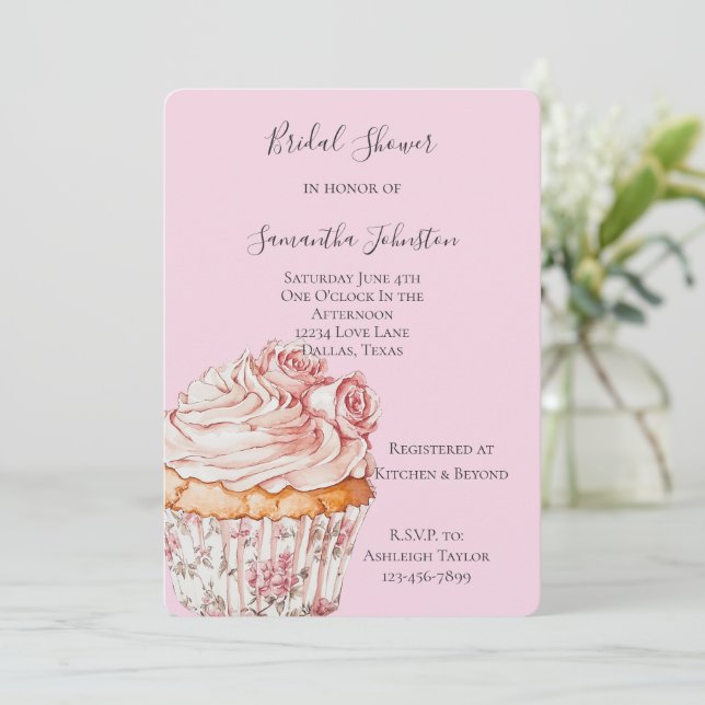 Pretty Pink Roses Floral Cupcake Bridal Shower Invitation (Standing Front)