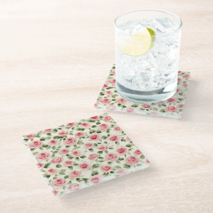 Pretty Pink Roses Floral Glass Coaster