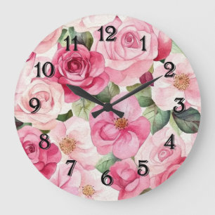 Pretty Pink Roses Floral Large Clock