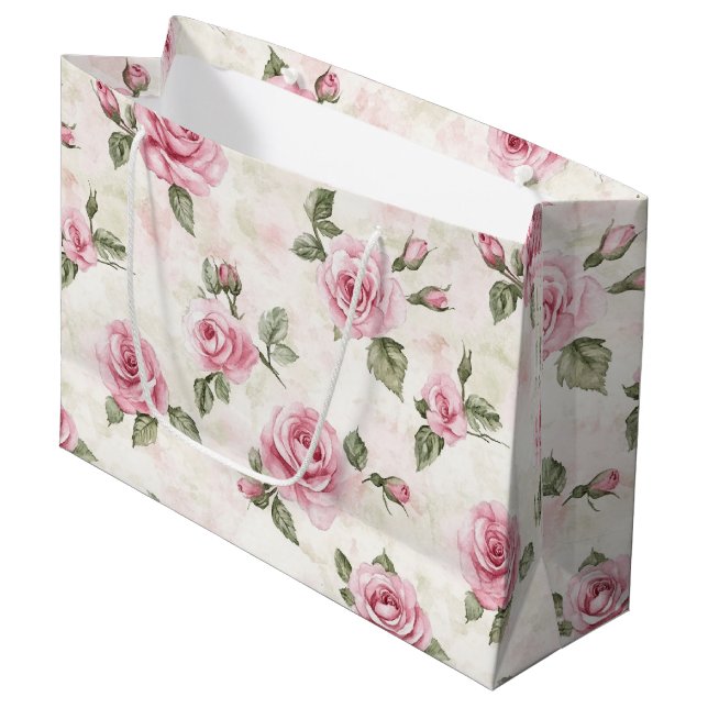 Pretty Pink Roses Floral Romantic Wedding Large Gift Bag (Front Angled)