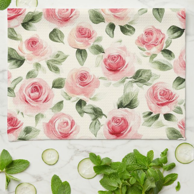 Pretty Pink Roses Floral Tea Towel (Folded)