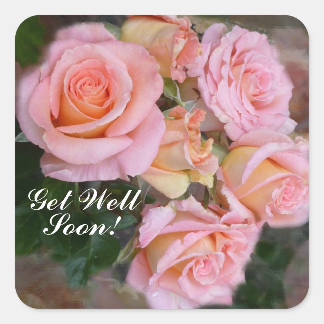 Pretty Pink Roses Get Well Square Sticker (Front)