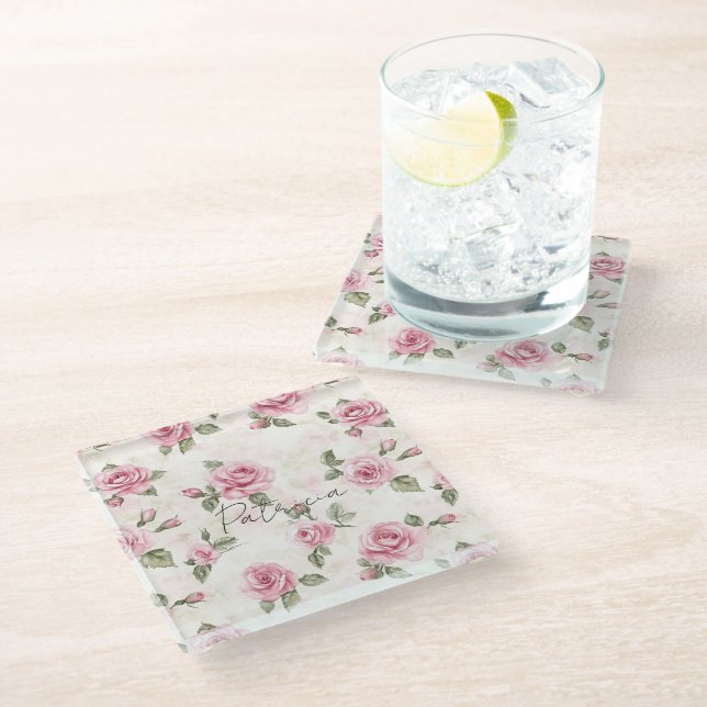Pretty Pink Roses   Glass Coaster (Angled)