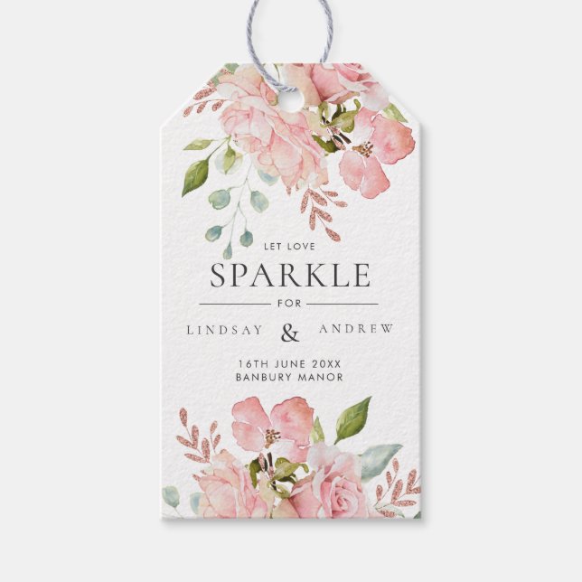 Pretty Pink Roses & Glitter Wedding Sparkler Tag (Front)