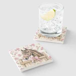 Pretty Pink Roses Horse Christmas Stone Coaster
