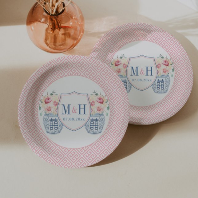 Pretty Pink Roses Monogram Bridal Shower Party Paper Plate (Pretty pink and navy chinoiserie couples monogram paper plates for wedding or jack and jill shower)