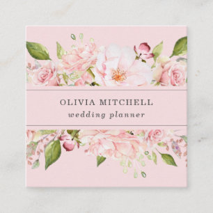 Pretty Pink Roses on Blush Pink Floral Square Business Card